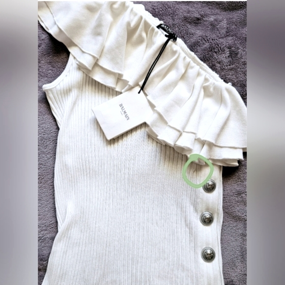 Balmain One-shoulder Ruffled Ribbed-knit Top Size 8 - Picture 8 of 12